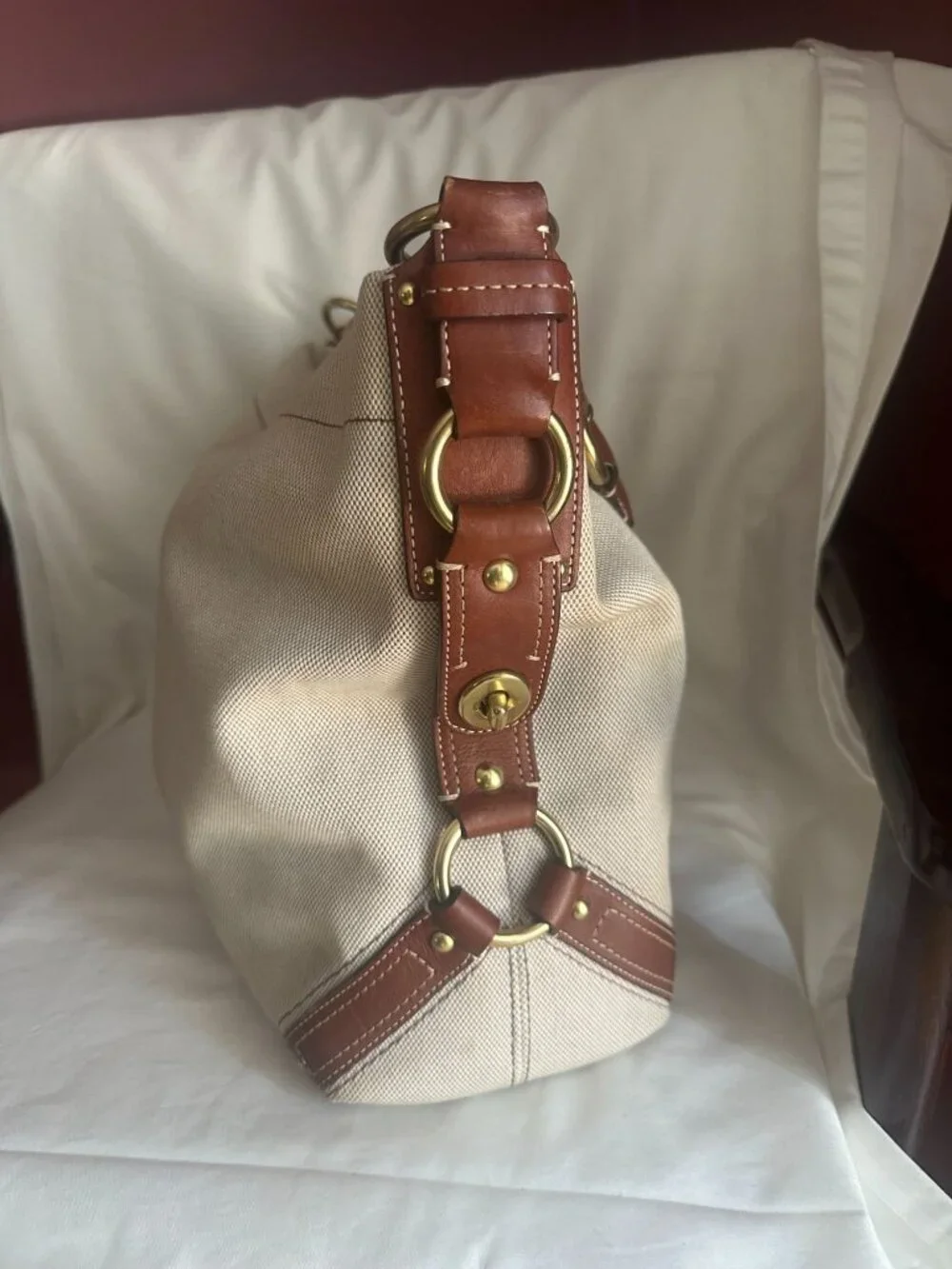 Coach CARLY canvas and leather large natural / brown leather trim shoulder hobo - Picture 4 of 12